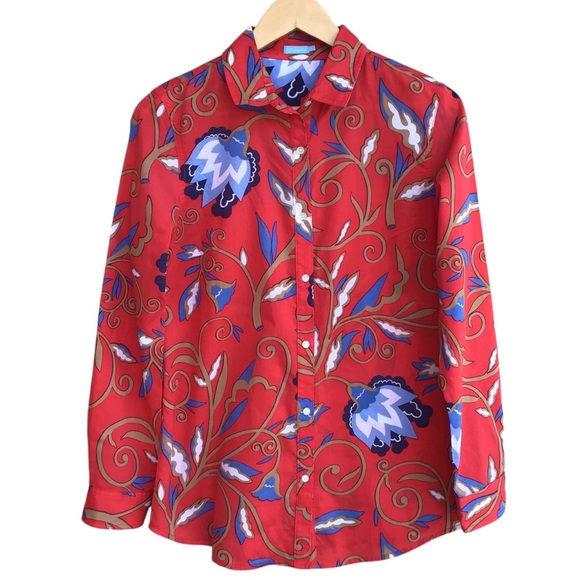 J McLaughlin Red Floral Button Up Cotton Long Sleeve NEW - Picture 1 of 6